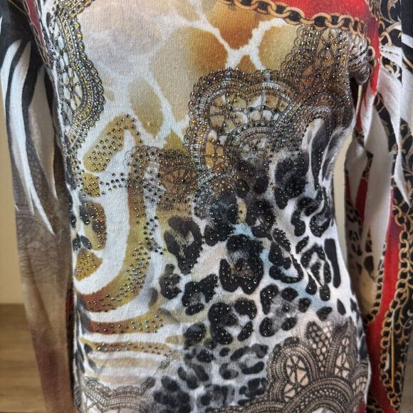 Vintage Cache Y2k Long Sleeve Lightweight Blouse Rhinestone Animal Print Size M - Picture 2 of 10